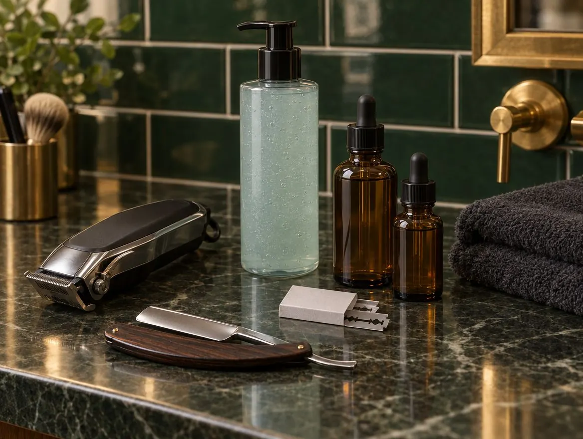 Clippers, razor, blades, shaving gel and beard oil on a barber station